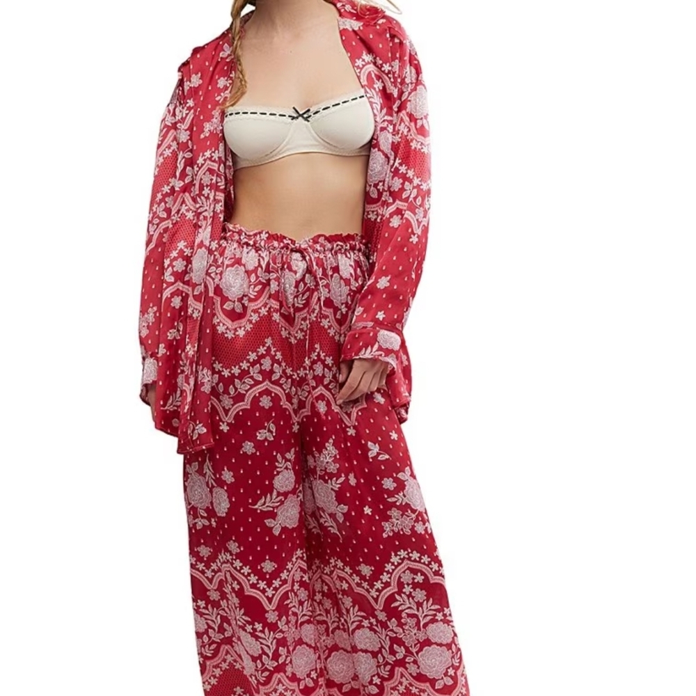 FREE PEOPLE INTIMATELY DREAMY DAYS PJ SET IN CHERRY COMBO - Picture 3 of 11